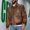 Shop Jayson Tatum Brown Bomber Leather Jacket