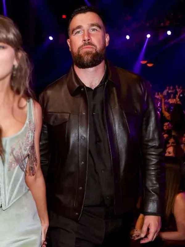 Shop 2026 iHeartRadio Music Awards Travis Kelce Brown Leather Jacket