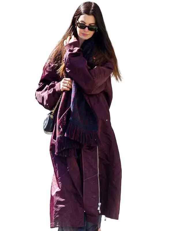 Shop New York City 2026 Anne Hathaway Burgundy Bomber Long Coat