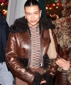 Shop Street-Style-Hailey-Bieber-Brown-Fur-Leather-Jacket