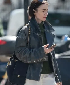 Buy 2026-Lily-Collins-Black-Leather-Jacket