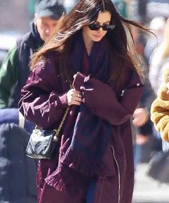 Shop New York City Anne Hathaway Burgundy Bomber Coat