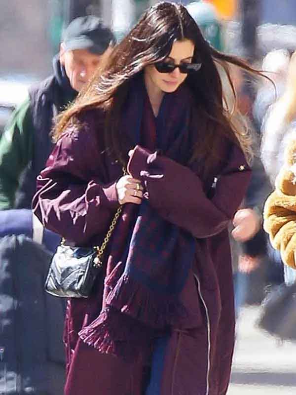 Shop New York City Anne Hathaway Burgundy Bomber Coat