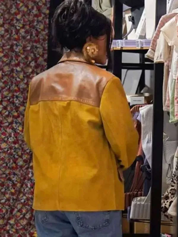 Shop Rihanna-Paris-2026-Mustard-Miu-Miu-Suede-Jacket