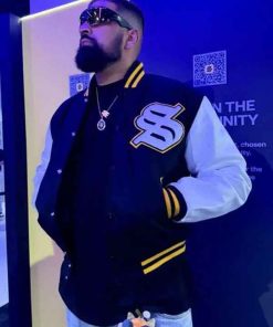 Shop Solflare Black and White Letterman Varsity Jacket