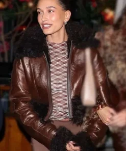 Buy Street-Style-Hailey-Bieber-Brown-Fur-Jacket