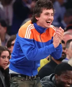Shop Hawks-vs-Knicks-Timothee-Chalamet-Blue-and-Orange-Track-Jacket