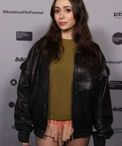 Shop Cristin-Milioti-Sundance-Film-Festival-Oversized-Leather-Jacket