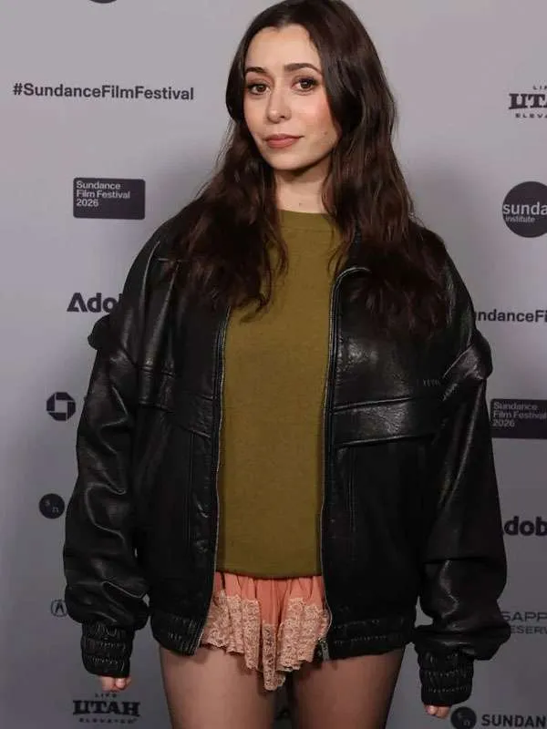 Shop Cristin-Milioti-Sundance-Film-Festival-Oversized-Leather-Jacket