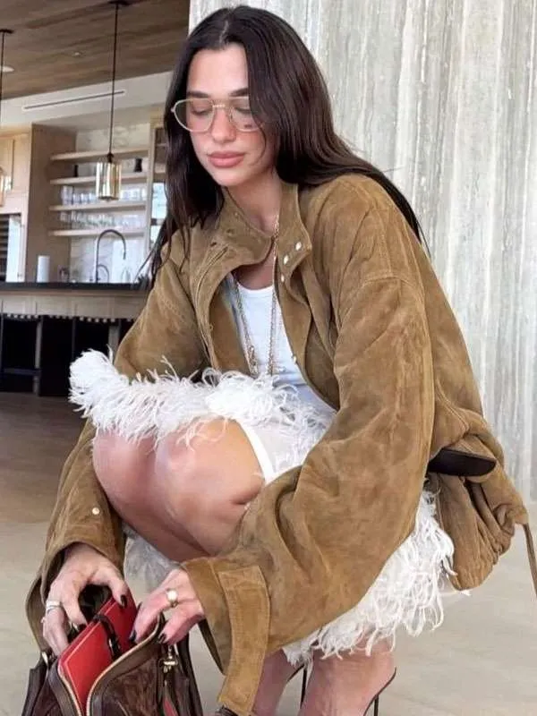 Shop Dinner-Night-2026-LA-Dua-Lipa-Brown-Suede-Leather-Jacket