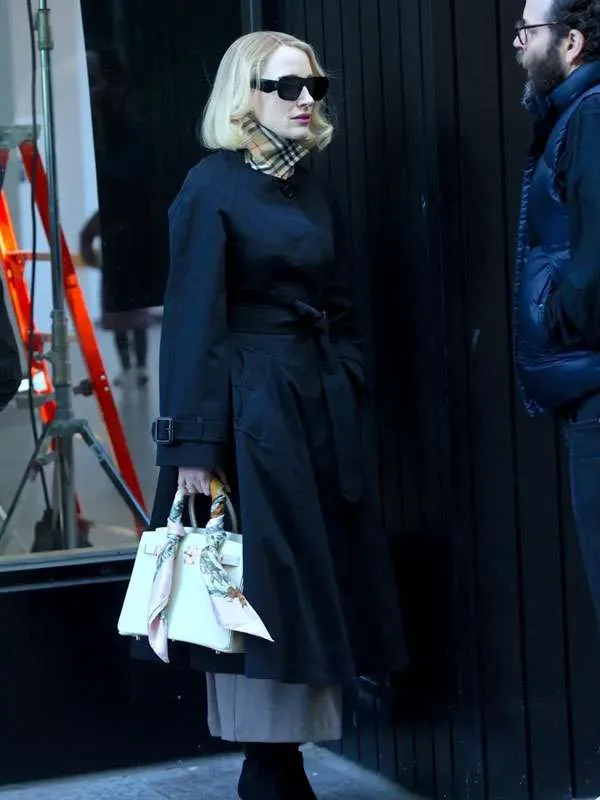 Shop Jessica-Chastain-NYC-Wall-Street-Black-Trench-Coat