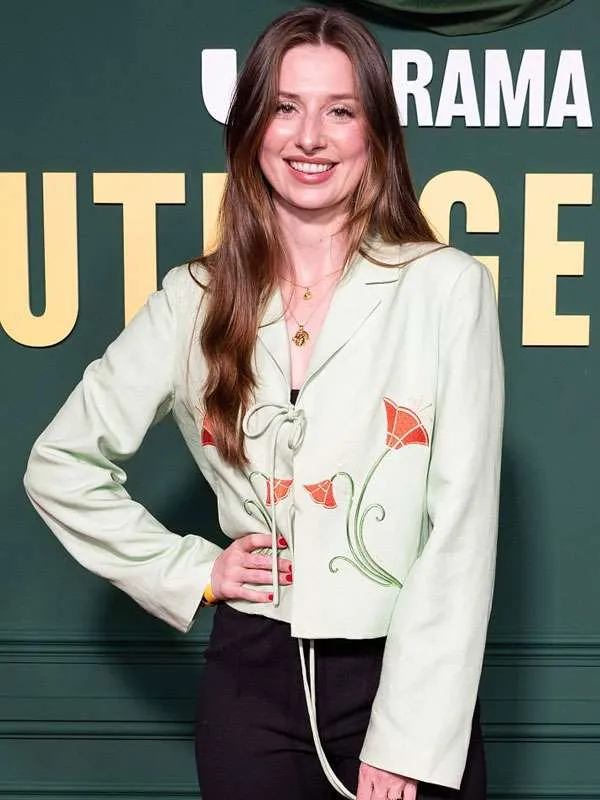 Shop Outrageous-Movie-Premiere-Ellie-Heydon-Green-Floral-Jacket