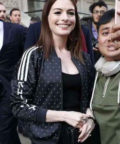 Shop Anne Hathaway Polka Dot Bomber Jacket