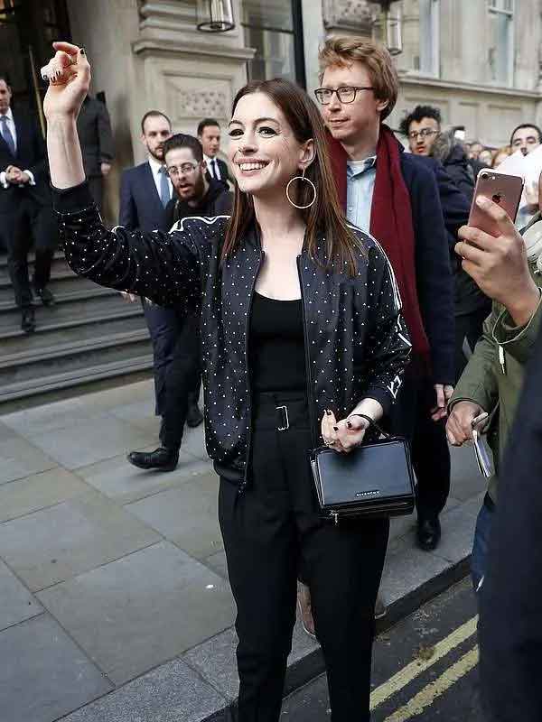 Shop Anne Hathaway The Graham Norton Show London Polka Dot Bomber Jacket