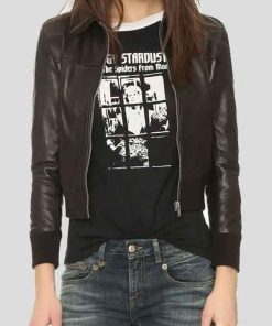 Shop Women Shirt Style Collar Black Leather Bomber Jacket