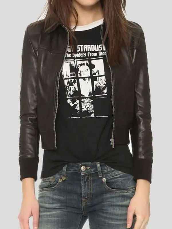 Shop Women Shirt Style Collar Black Leather Bomber Jacket
