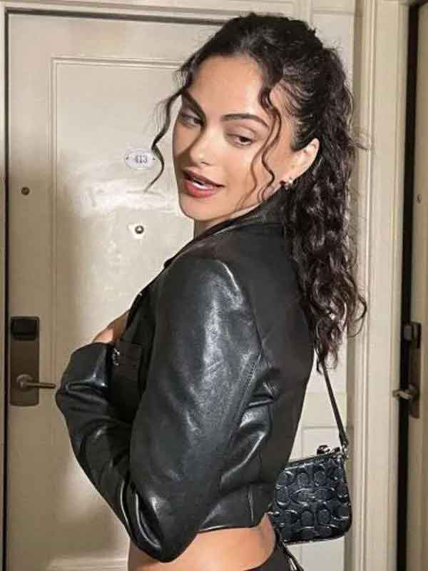 Shop Camila Mendes Cropped Leather Jacket