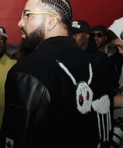 Shop Drake-For-All-The-Dogs-OVO-Black-Varsity-Jacket