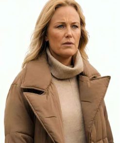 Shop Let’s Love 2026 Malin Akerman Brown Puffer Coat
