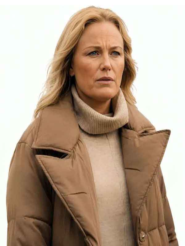 Shop Let’s Love 2026 Malin Akerman Brown Puffer Coat