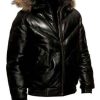 Buy Men Hooded Black Quilted Bomber Leather Jacket