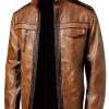 Buy Mens Biker Style Brown Leather Moto Jacket with Stand up Collar