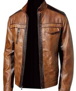 Buy Mens Biker Style Brown Leather Moto Jacket with Stand up Collar