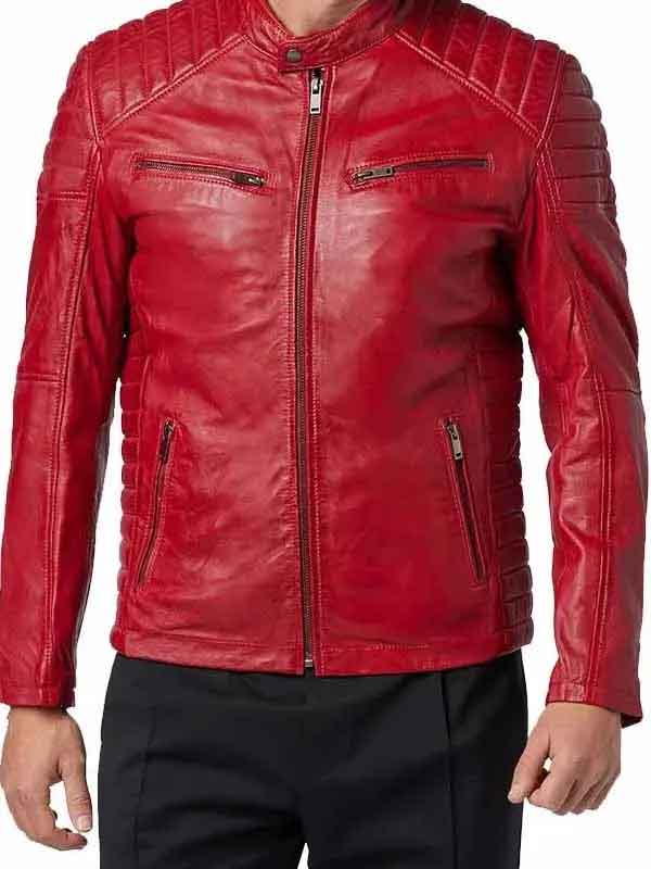 Buy Men’s Red Cafe Racer Padded Leather Jacket