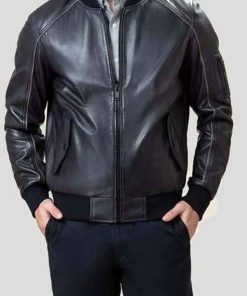 Shop Casual Man Bomber Black Sheepskin Real Leather Jacket