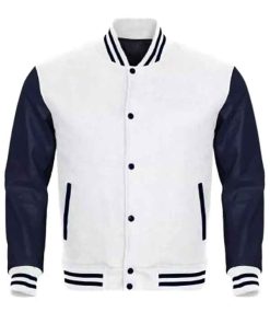 Buy Men Bomber Style White and Blue Varsity Baseball Jacket