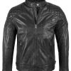Men’s Cafe Racer Leather Jacket with Quilted Shoulders