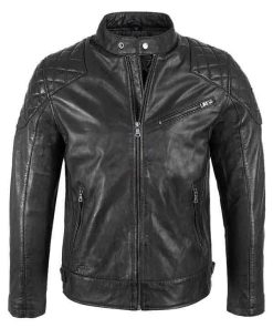 Men’s Cafe Racer Leather Jacket with Quilted Shoulders