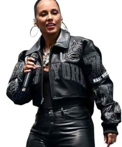 Buy New York Knicks Championship Parade Alicia Keys Black Leather Jacket