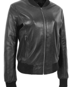 Shop Slim Fit Design Black Leather Bomber Jacket