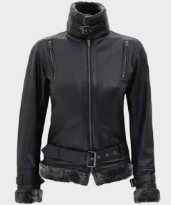 Buy Timothy Shearling Collar Black Belted Leather Jacket