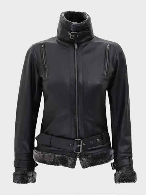 Buy Timothy Shearling Collar Black Belted Leather Jacket