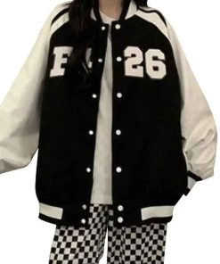Shop Women Classy Black and White Oversized Varsity Bomber Letterman Jacket