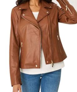 Shop Biker Casual Brown Real Leather Jacket Women