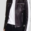 Buy Women White Stripe Snap Tab Collar Black Leather Jacket