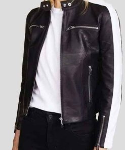 Buy Women White Stripe Snap Tab Collar Black Leather Jacket