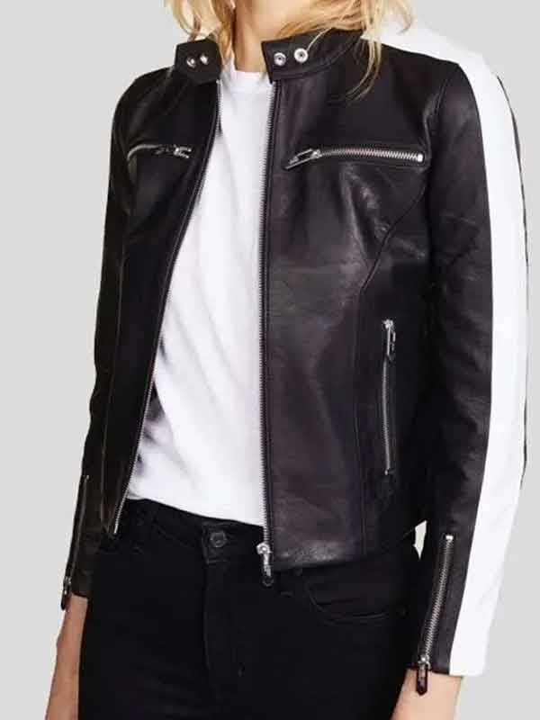 Buy Women White Stripe Snap Tab Collar Black Leather Jacket