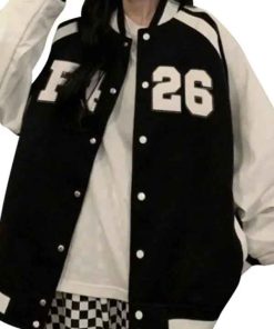 Buy Women Black and White Oversized Varsity Bomber Jacket