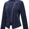 Buy Women Cafe Racer Snap Tab Collar Blue Leather Jacket