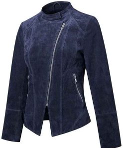Buy Women Cafe Racer Snap Tab Collar Blue Leather Jacket