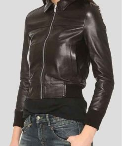 Buy Women Shirt Style Collar Black Leather Jacket