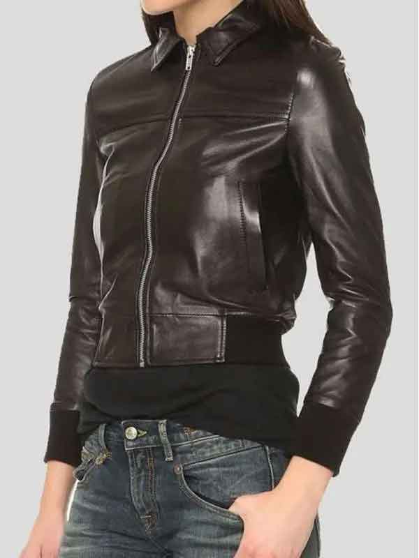 Buy Women Shirt Style Collar Black Leather Jacket