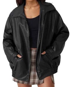 Buy Women’s Oversized Black Leather Bomber Coat Jacket