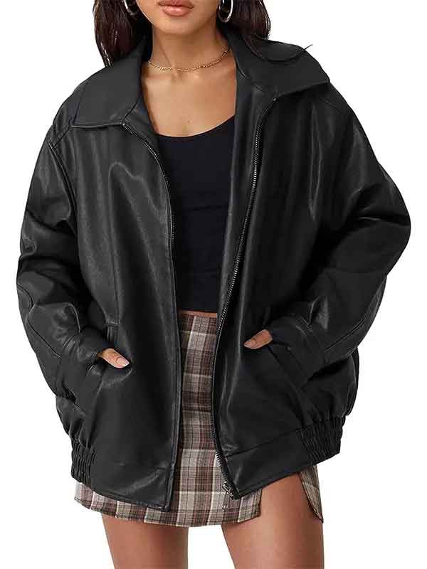 Buy Women’s Oversized Black Leather Bomber Coat Jacket