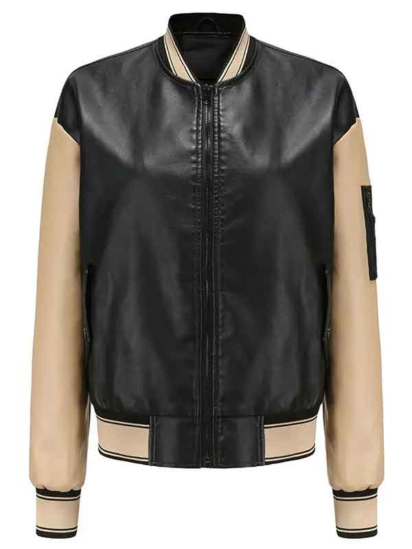 Buy Women’s Black Leather bomber Jacket Outwear Coat