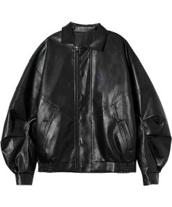 Buy Women’s Black Leather Oversized Bomber Jacket